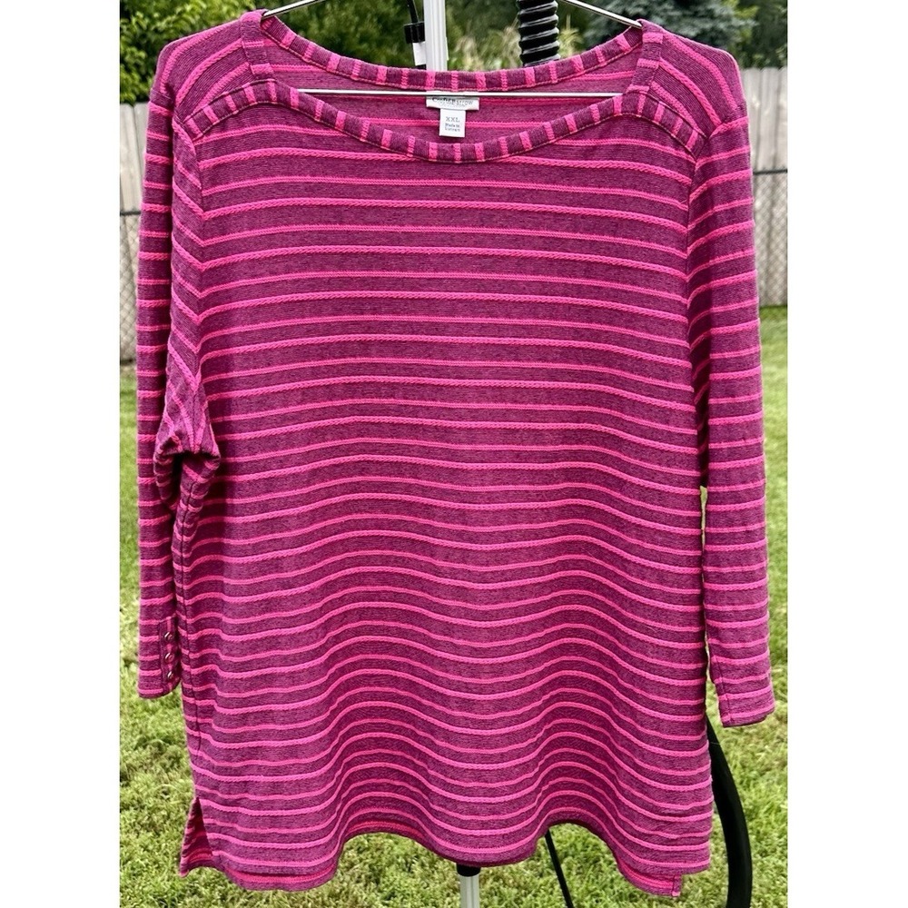 CROFT & BARROW Striped Top Women XXL Pink/Blk Boat Neck 3/4 Sleeve Button Detail